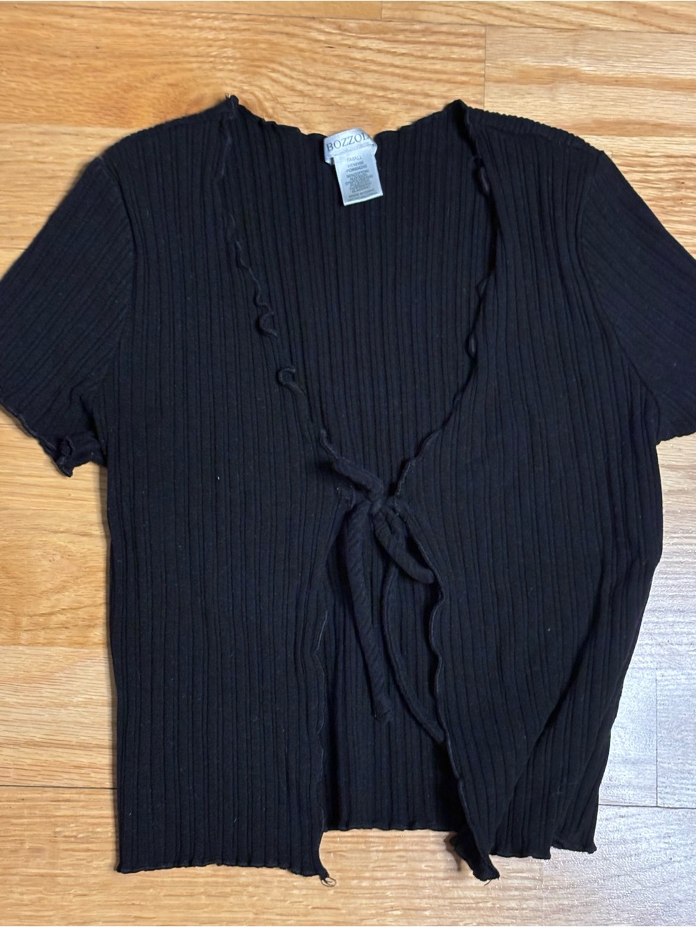 Black Ribbed Tie-Front Short Sleeve Top